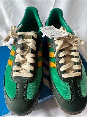 Adidas Samba Green with Yellow Stripes